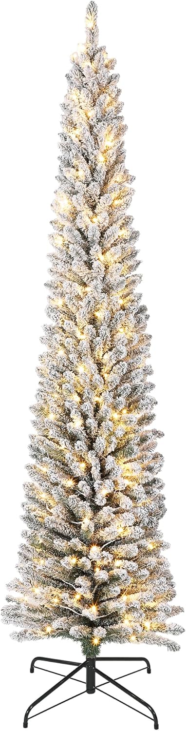 6Ft Flocked Pencil Christmas Tree with LED Lights - Hinged Metal Stand, Slim Artificial Xmas Tree for Home, Office, Indoor & Outdoor Holiday Decor