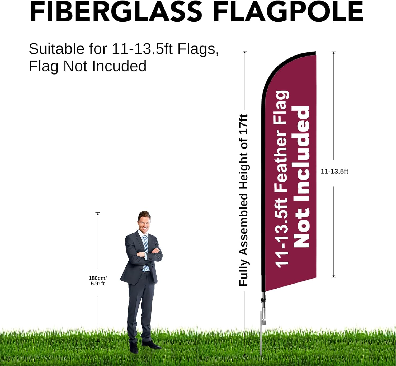 17FT Feather Flag Pole Kit – Heavy Duty Fiberglass Flagpole for 11.5–13FT Feather Flags, Outdoor Wind Resistant Banner Stand, Teardrop Flag Pole Replacement