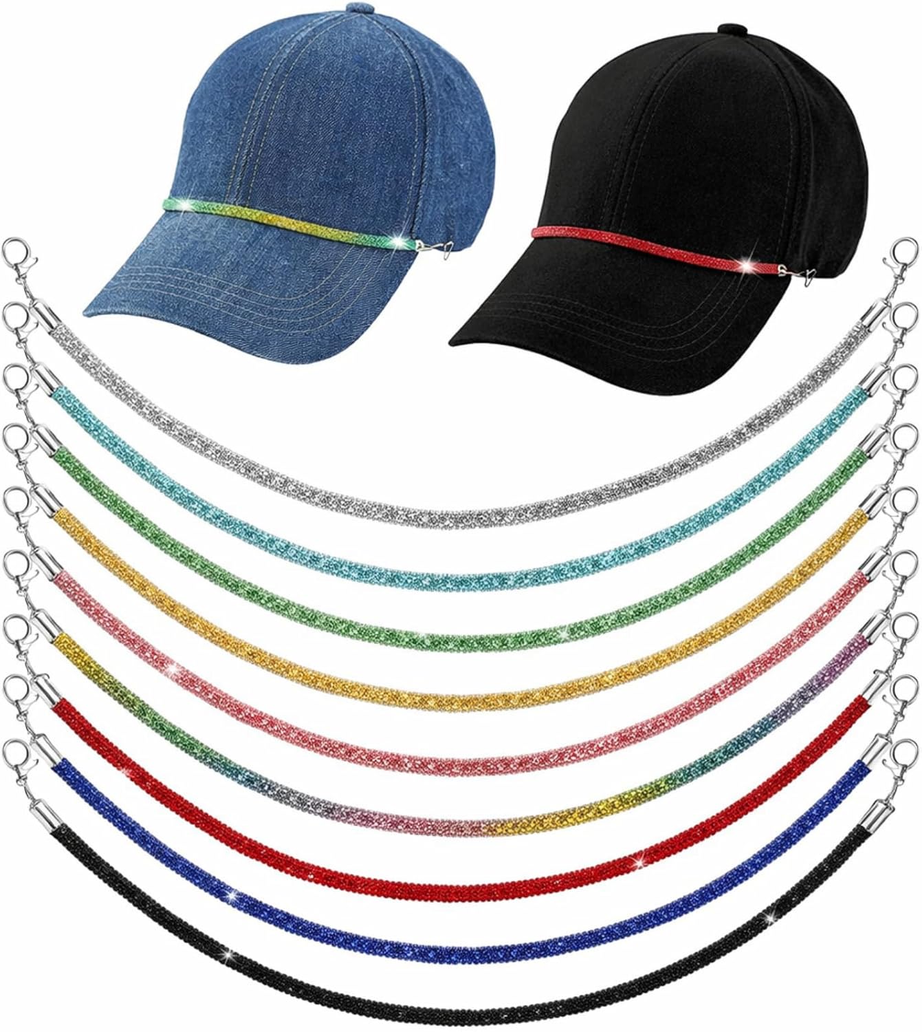 Geyoga 9 Pcs Trucker Hat Chains Trucker Hat Charms Women Man Bill Decoration Detachable DIY Metal Chain for Mesh Baseball Cap(Colorful,Diamond)
