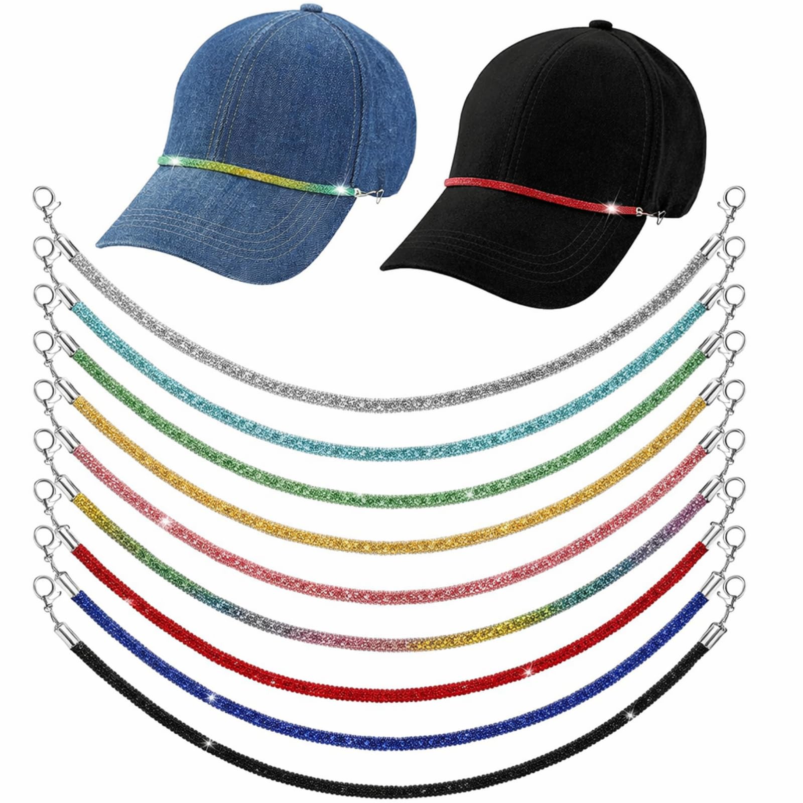 Geyoga 9 Pcs Trucker Hat Chains Trucker Hat Charms Women Man Bill Decoration Detachable DIY Metal Chain for Mesh Baseball Cap(Colorful,Diamond)
