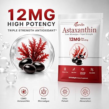 Premium Astaxanthin Softgels 12mg, 120 Microalgae Based Antioxidant Supplement with Coconut Oil, Supports Healthy Skin Vision Circulation & Joint Function, High Quality Non GMO Formula