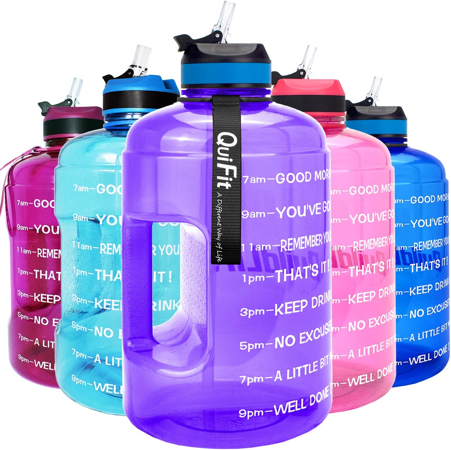 QuiFit Motivational Gallon Water Bottle - with Straw & Time Marker BPA Free Large Reusable Sport Water Jug with Handle for Fitness Outdoor Enthusiasts Leak-Proof