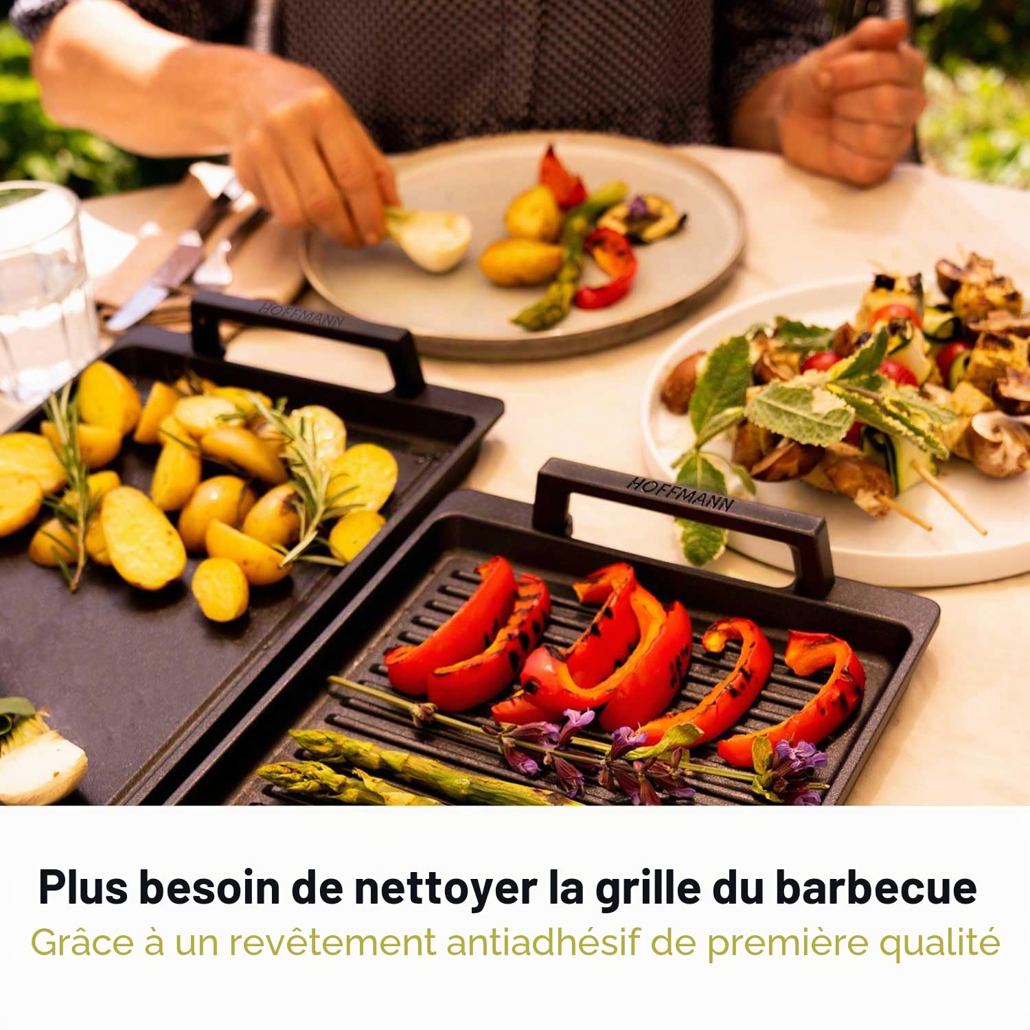 Hoffmann Plancha Teppanyaki 41x24 cm I avec Poignées Latérales I Compatible Induction I Grill Barbecue Plaque de Cuisson I Revêtement Antiadhésif I Surface Lisse