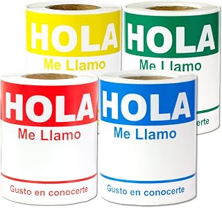 Spanish Name Tags (4 x 2.3 inch, Red, Blue, Green, Yellow - 400 Labels) Hola, Me Llamo Badges Stickers for Events, Reunions & Meet and Greets - Fabric Safe