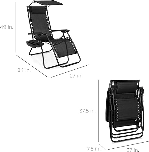 Miniatura 2 de Best Choice Products Silla Reclinable de Gravedad Cero Plegable para Exteriores Patio con Toldo Ajustable, Reposacabezas, Bandeja Lateral para Negro