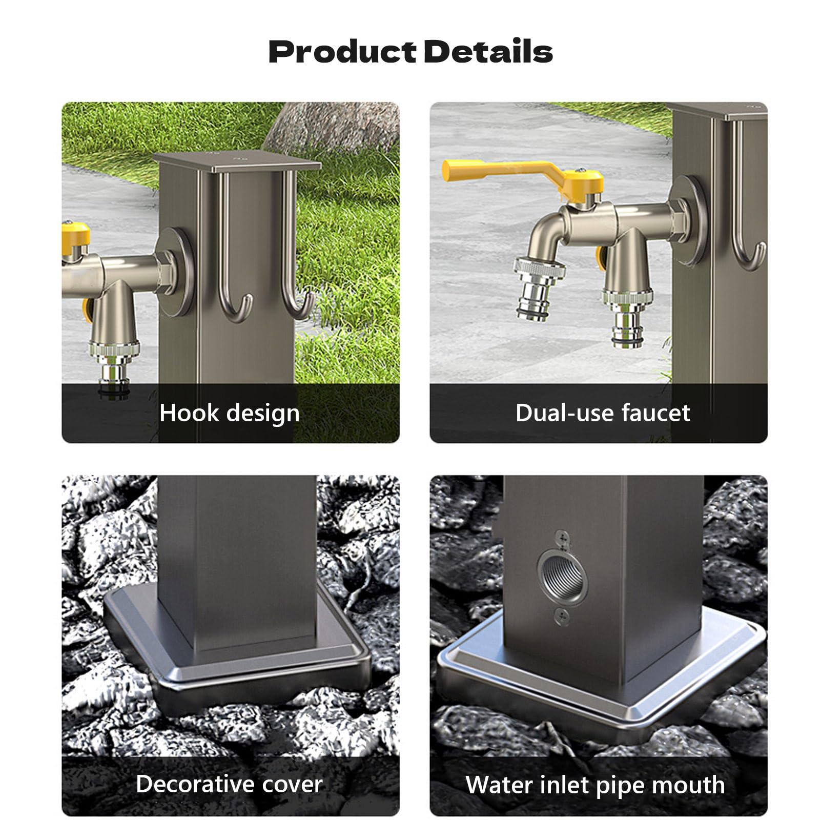 Columna de agua de acero inoxidable para exteriores con 2 grifos, manguera anticongelante, extensor de grifo, montaje en el suelo, fuente de agua decorativa, dispensador de hidrante