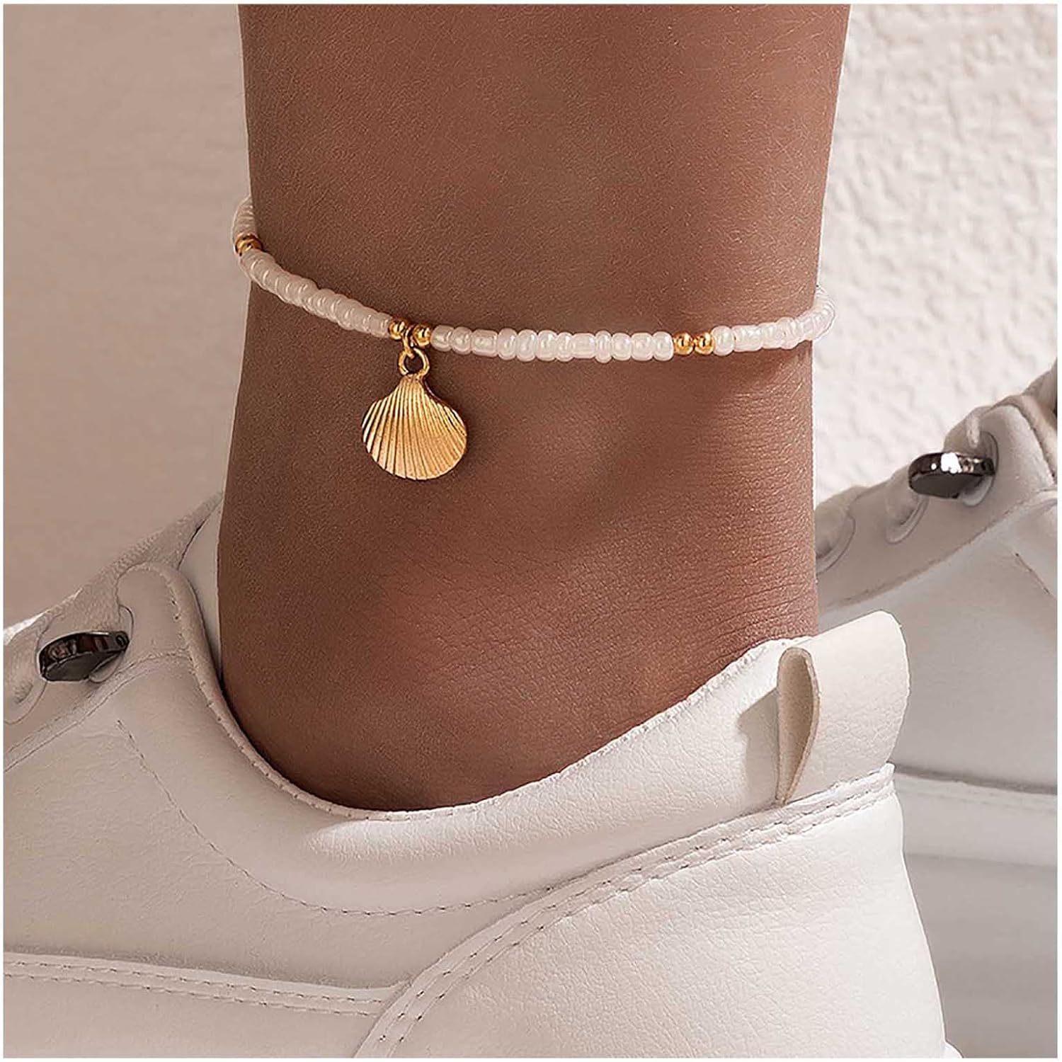 Andelaisi Boho Hippie Ankle Bracelets Scallop Pendant Ankle Bracelet Gold handmade Anklet Bracelet Vintage Seashell Chain Anklet White Rice Bead Anklet Foot Chain Jewelry for Women - Image 2