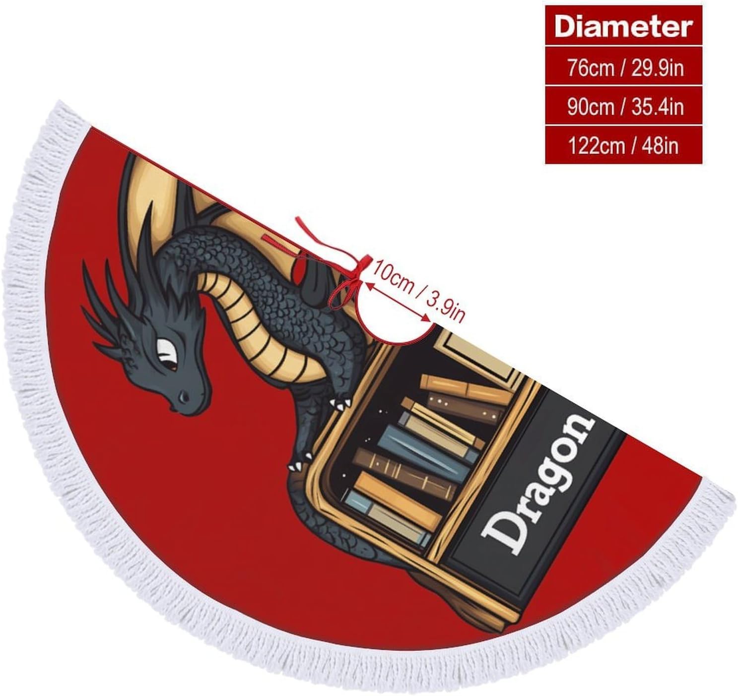 Dragon and Books Christmas Tree Skirt Round Xmas Tree Mat Ornaments Tree Skirts with Tassels for Holiday Party