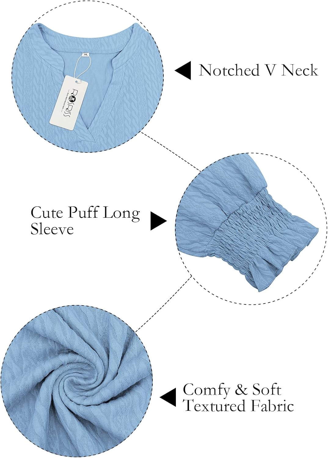 ROSRISS Plus-Size-Womens-Tops Casual Notched V Neck T Shirts Trendy Cute Puff Long Sleeve Tunics Dressy Textured Blouses - Image 3