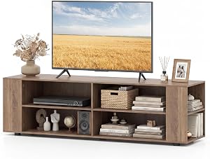 Tangkula Wood TV Stand for TVs up to 65 Inch Flat Screen, Modern Entertainment Center with 8 Open Shelves, Universal TV Storage Cabinet for Living Room Bedroom, TV Console Table (Warm-Grey)