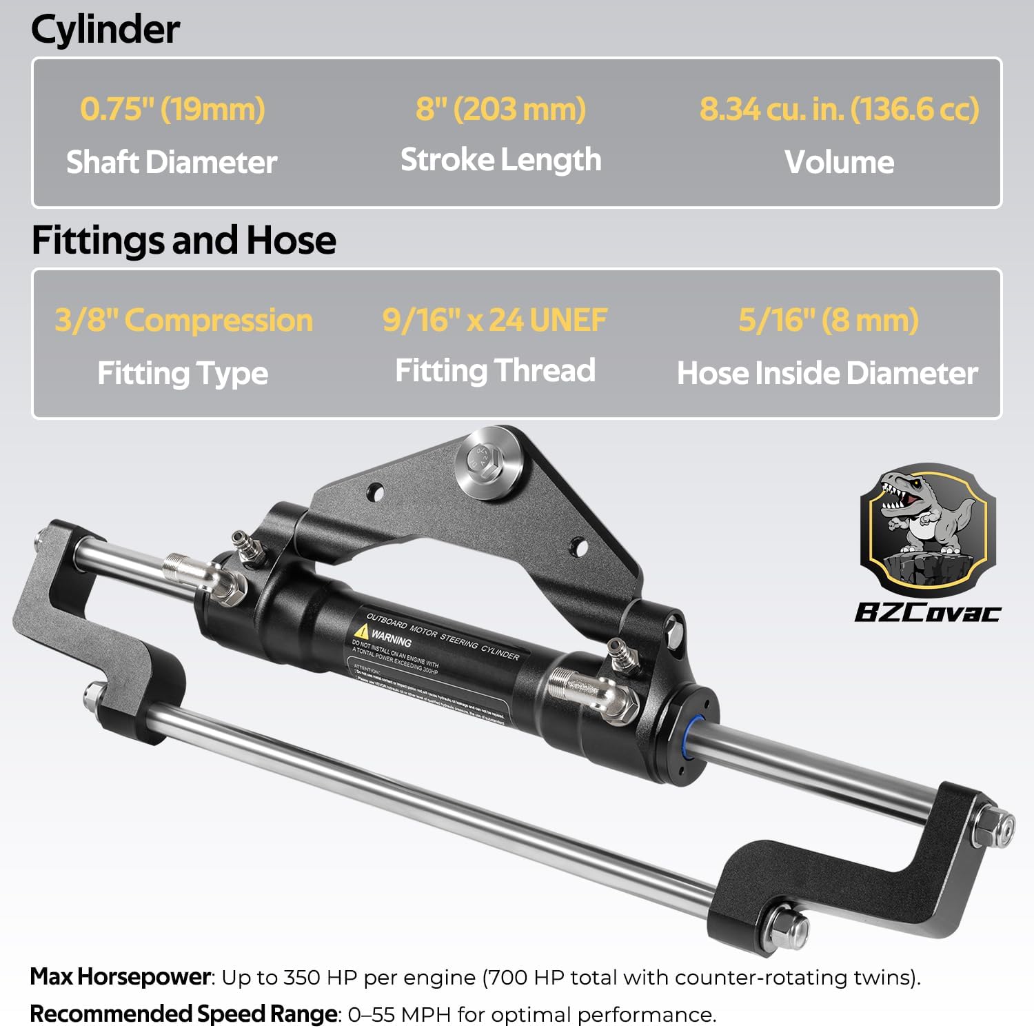 HC5345-3 Outboard Hydraulic Steering Cylinder for Sea Star, Up to 300HP per Single Engine, Twin/Triple Engine Compatible, Front Mount