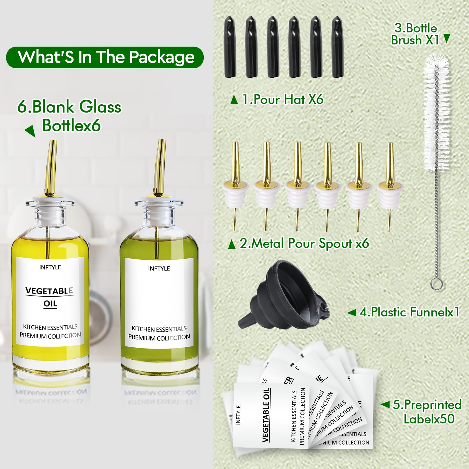 Juego de 6 botellas dispensadoras de aceite de oliva de 12 onzas, dispensador de botellas de aceite de cocina de vidrio para cocina, recipiente de enjuague bucal, con boquilla de vertido de