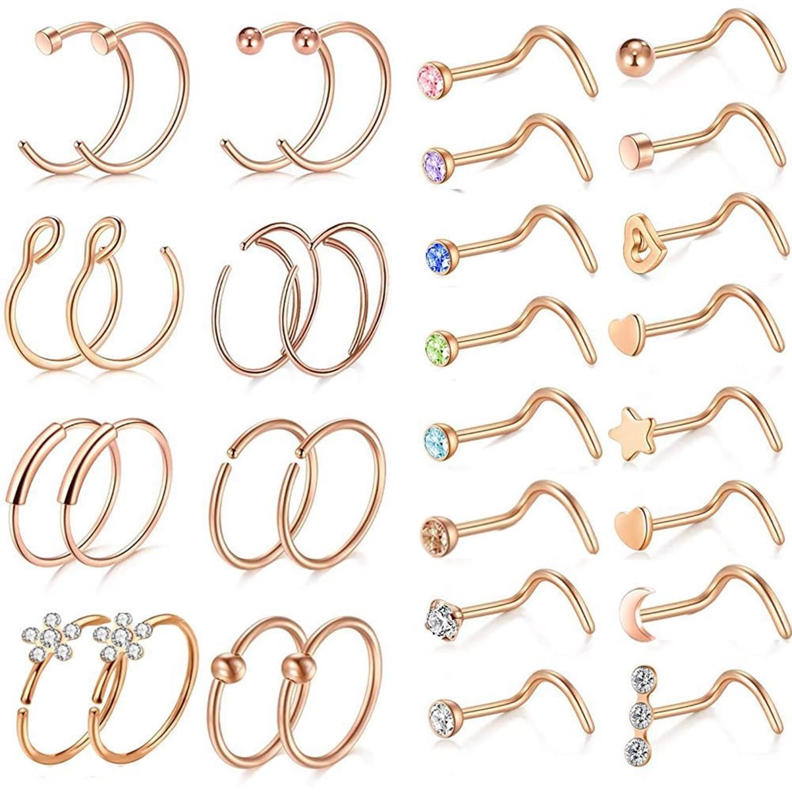 Kolczyk do nosa, biżuteria do piercingu wieży, stal chirurgiczna, 32 szt., grubość 0,8 mm, różowe złoto, cyrkonia, kolczyki i obręcz, gwiazda, serce, biżuteria, prezent, Stal nierdzewna,