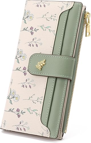 GAEKEAO Cartera para mujer delgada y fina con bloqueo RFID, con estampado floral, de cuero vegano, tarjetero plegable, cartera larga con bolsillo