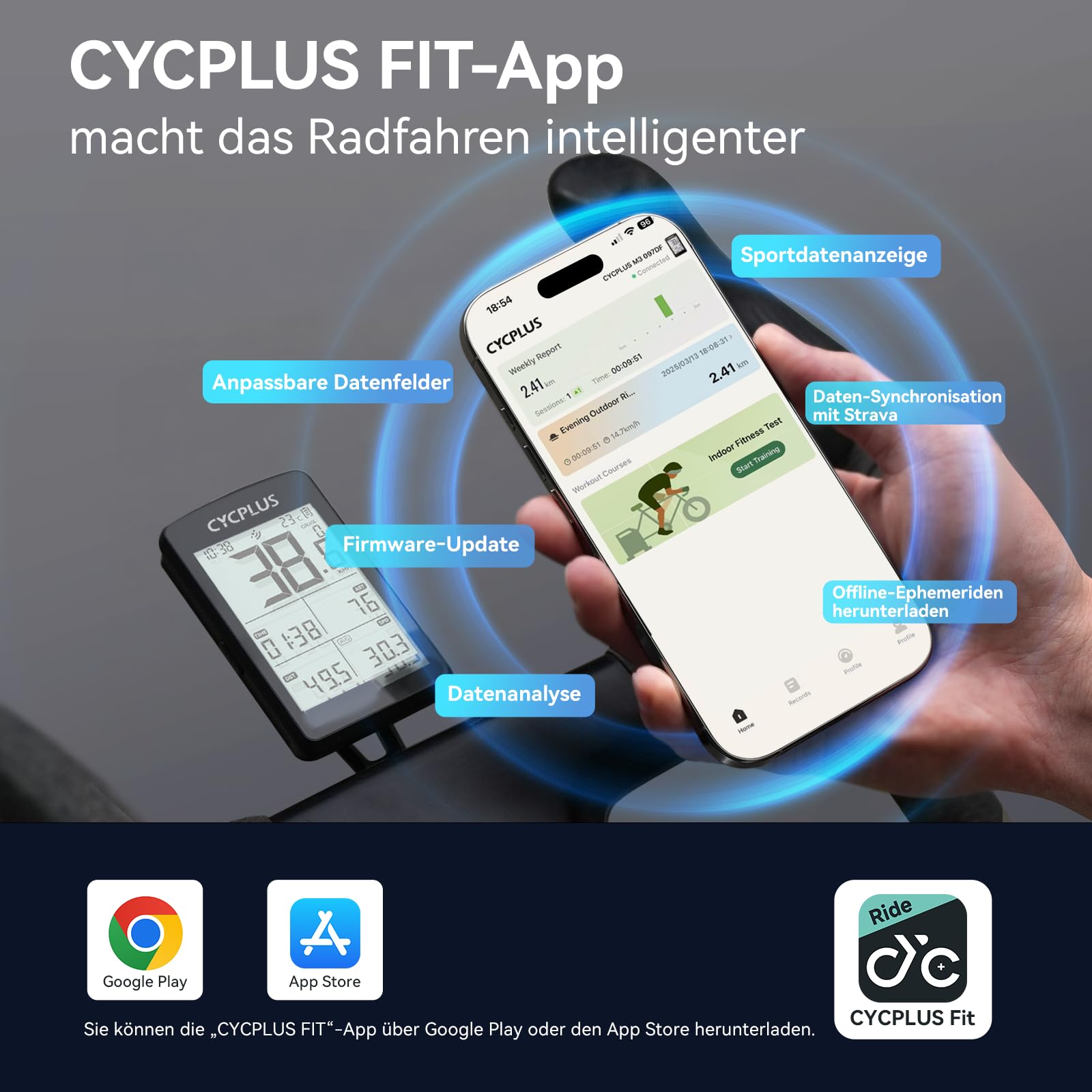 CYCPLUS GPS Fahrradcomputer, ANT+ Fahrradcomputer GPS mit Bluetooth5.0, 2,8-Zoll-LCD-Bildschirm, Fahrradtacho mit 100+ Stunden Akkulaufzeit und automatischer Hintergrundbeleuchtung, IP67 wasserdicht
