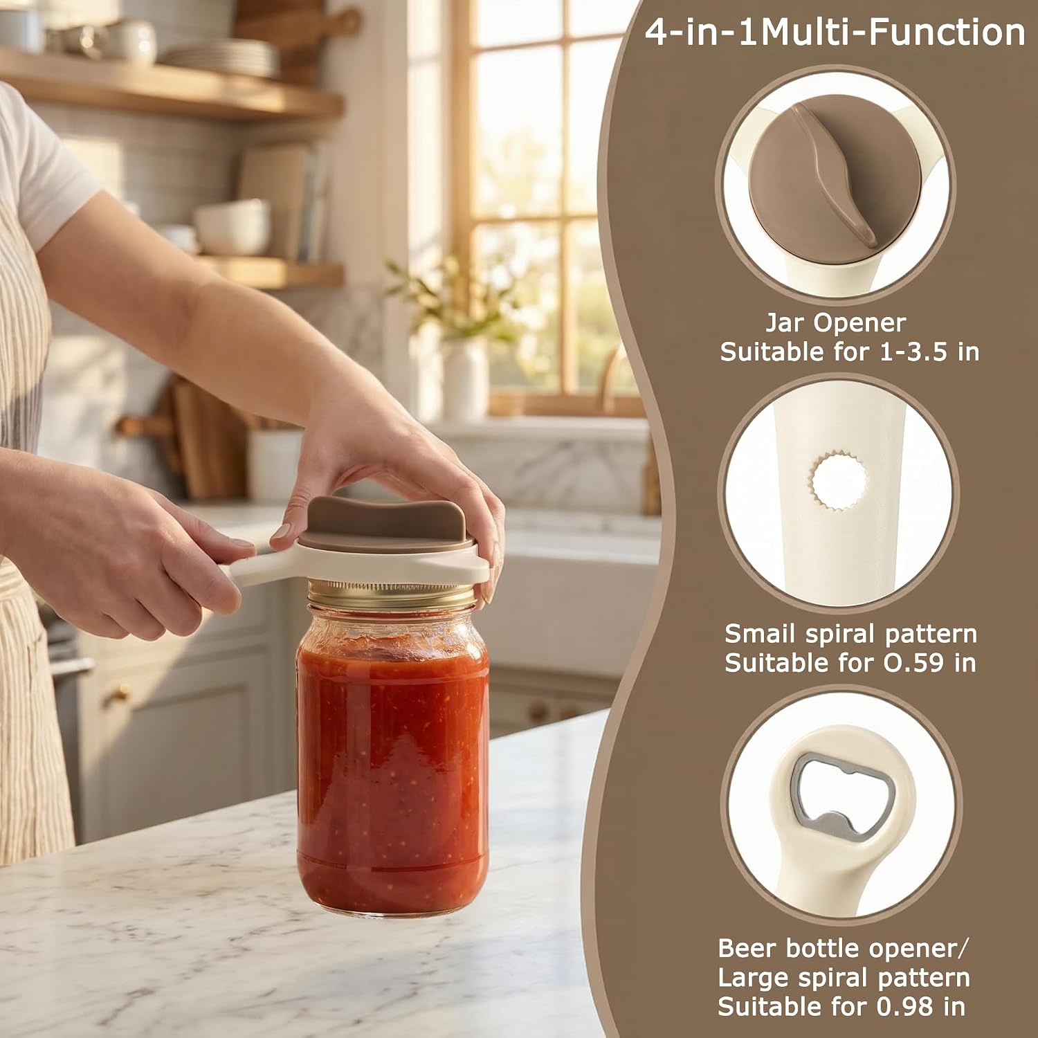 4-in-1 Jar Opener for Seniors，Adjustable Lid Remover for Weak Hands，Fits 1 to 4 Inch Mason Jars and Bottles and Cans
