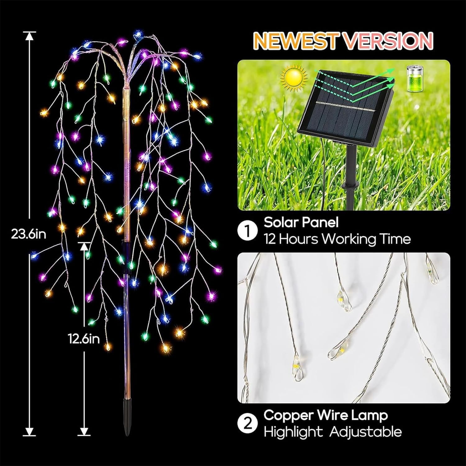 Solar Lights Outdoor Waterproof, 2 Pack Solar Willow Tree Lights 400 LEDs, 23.6Inch Waterproof Copper Wire Lights for Home Yard Holiday Christmas Decoration,Warm