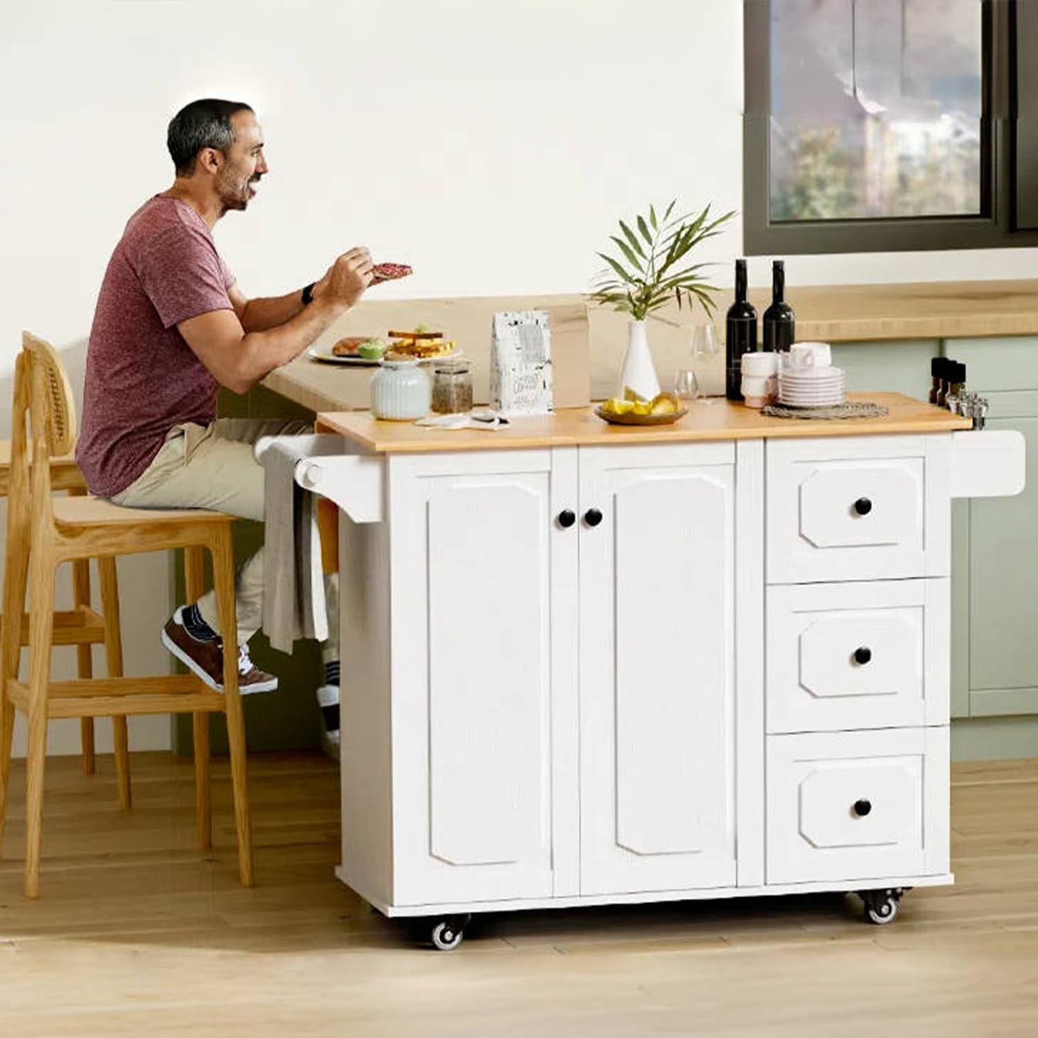 Kitchen Island with Storage, Rolling Kitchen Island Cart with Drop Leaf, Storage Drawers, Spice Rack, and Towel Rack for Kitchen and Dining Room, White