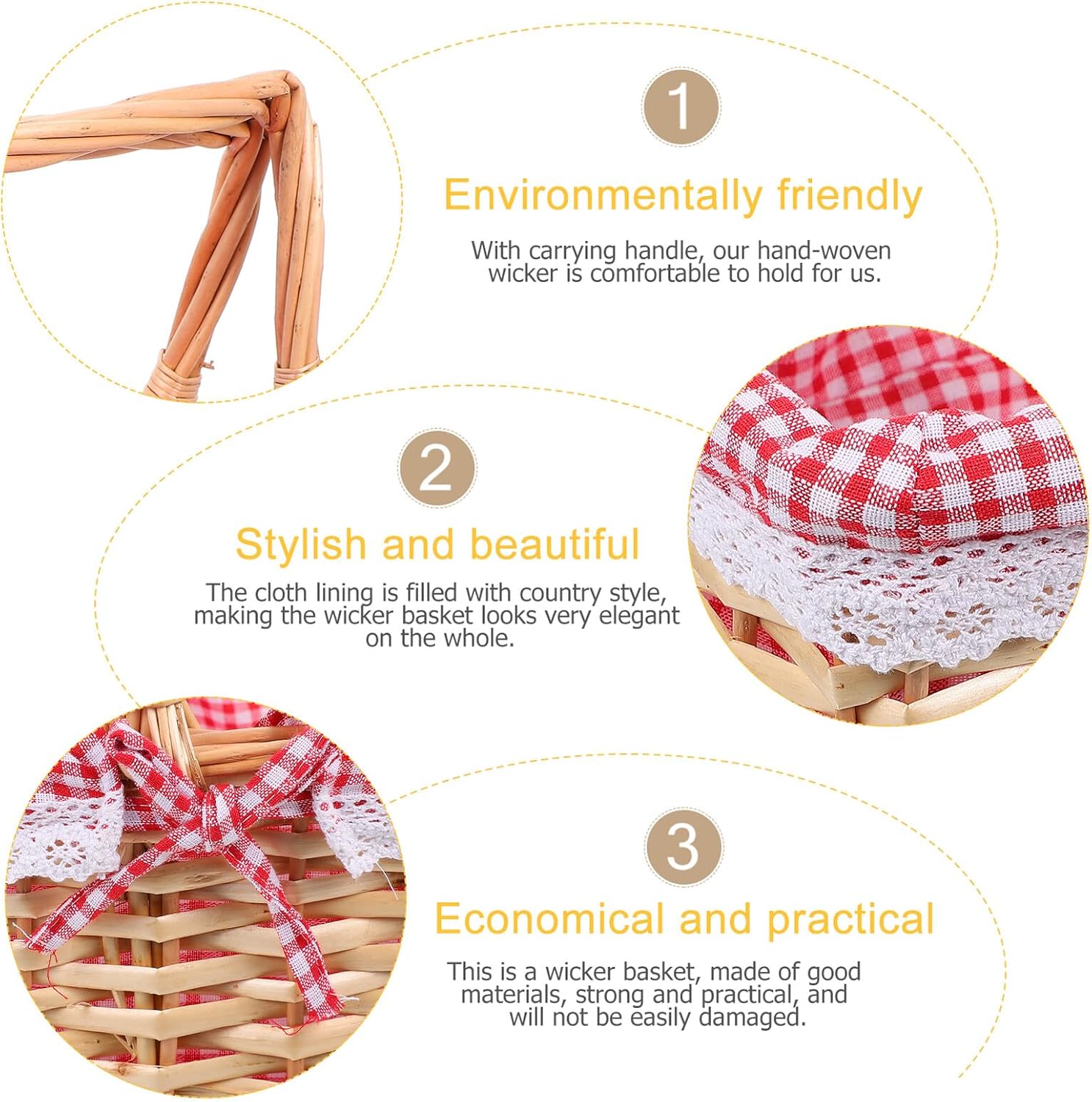 Wicker Hand Basket Willow Picnic Basket with Red White Checked Liner Square Storage Container for Outdoor Picnic and Food Storage