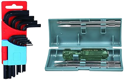 TAPARIA KHI-10V Steel Allen Key Set (Black Finish, Hanger Packing, Pack of 10) 802 Screw Driver Set with Neon Bulb (Silver/Blue), 1 Piece&Taparia 815 Steel Tester (Green)