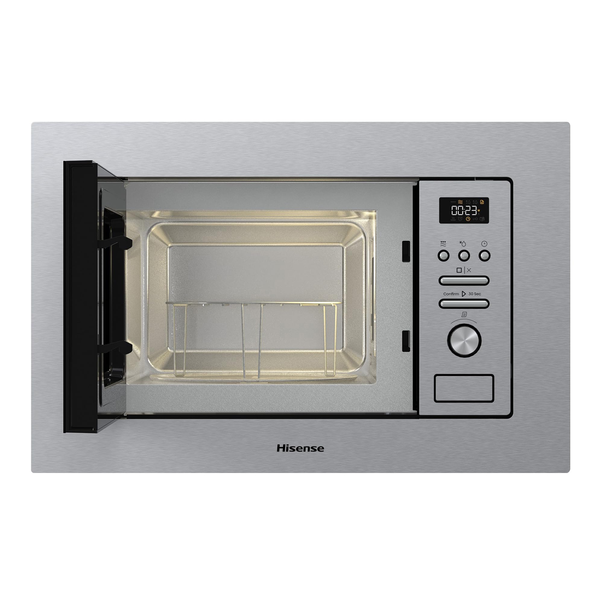 Hisense BIM320G41X - Microondas Integrable, 1000W, 20L, Alto 38.8cm x Ancho 59.5cm, Color Inox, 5 Niveles de Potencia, 15 Programas Preestablecidos, Grill Combo, Descongelar por Tiempo o Peso