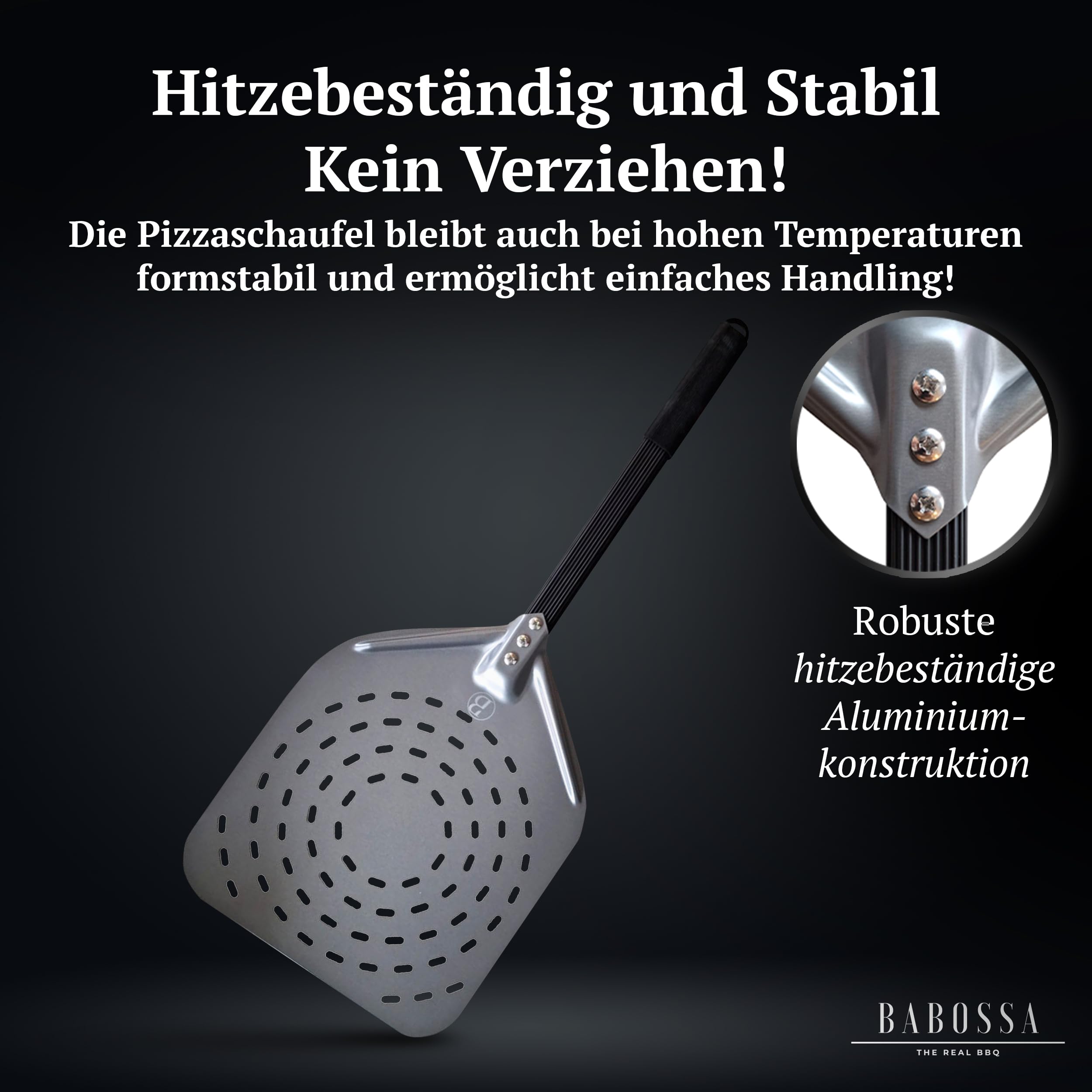 BABOSSA Pizzaschieber aus eloxiertem Aluminium – extra gleitfähig und hitzebeständig – stabile Pizzaschaufel mit gummiertem festen Griff – Perfekt für Backofen, Pizzaofen und Grill