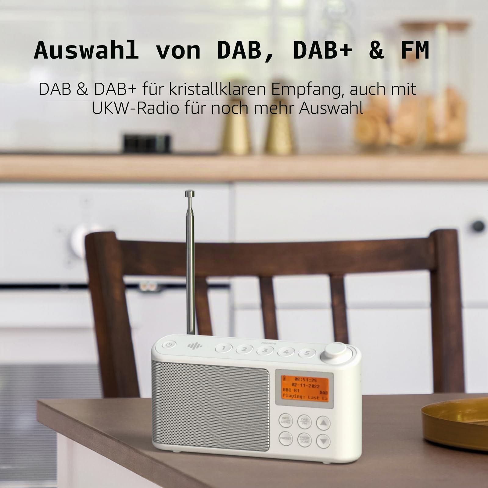 DAB/DAB Plus/FM Radio, Klein Digitalradio Tragbares Batteriebetrieben, Mini Radio Digital Akku & Netzbetrieb Kofferradio, USB-Ladekabel (Weiß)