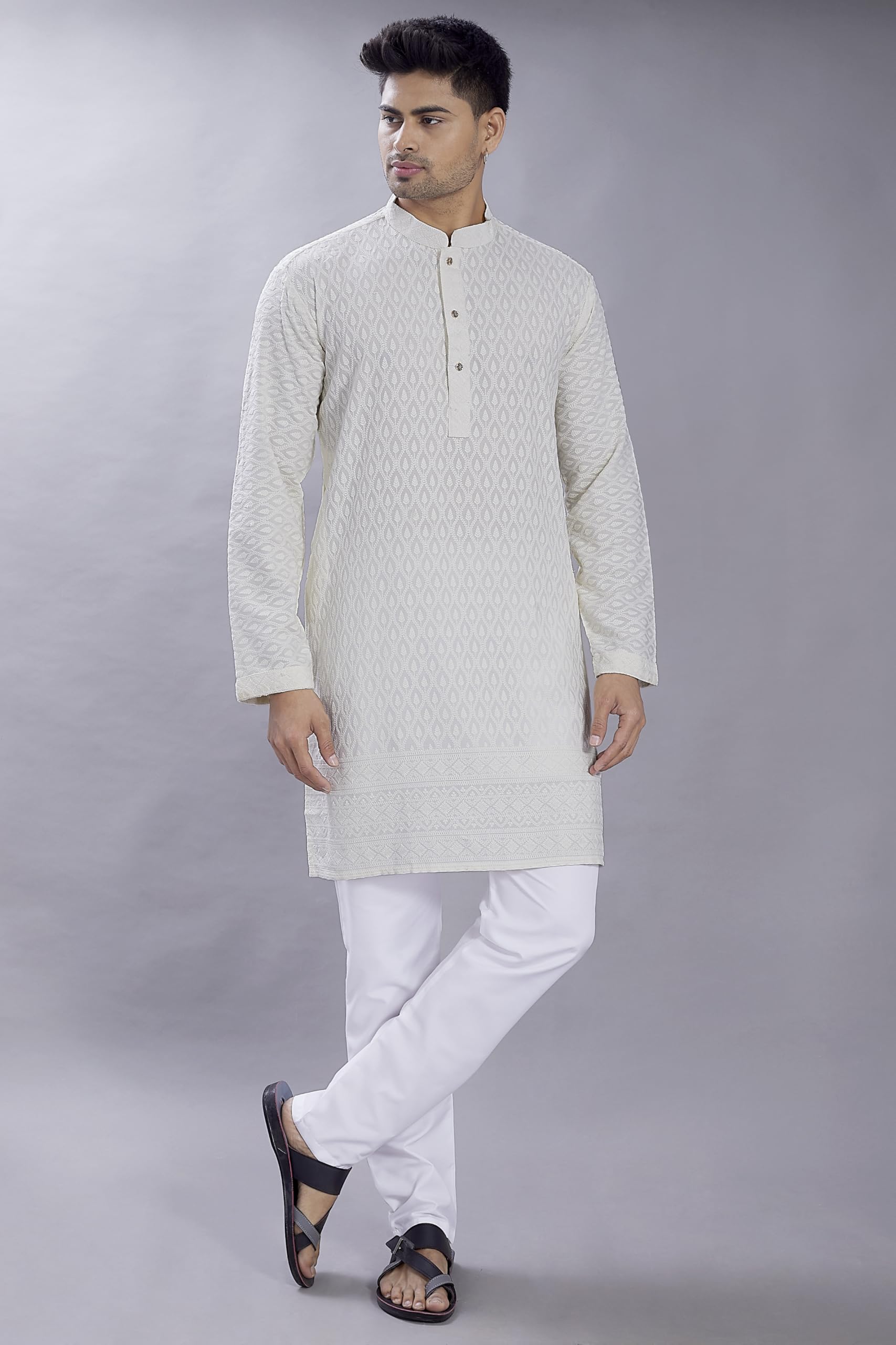 Divisive Men's Thread Embroidered Cotton Blend Only Slim Fit Kurta (Dkrt735_S_Off White)