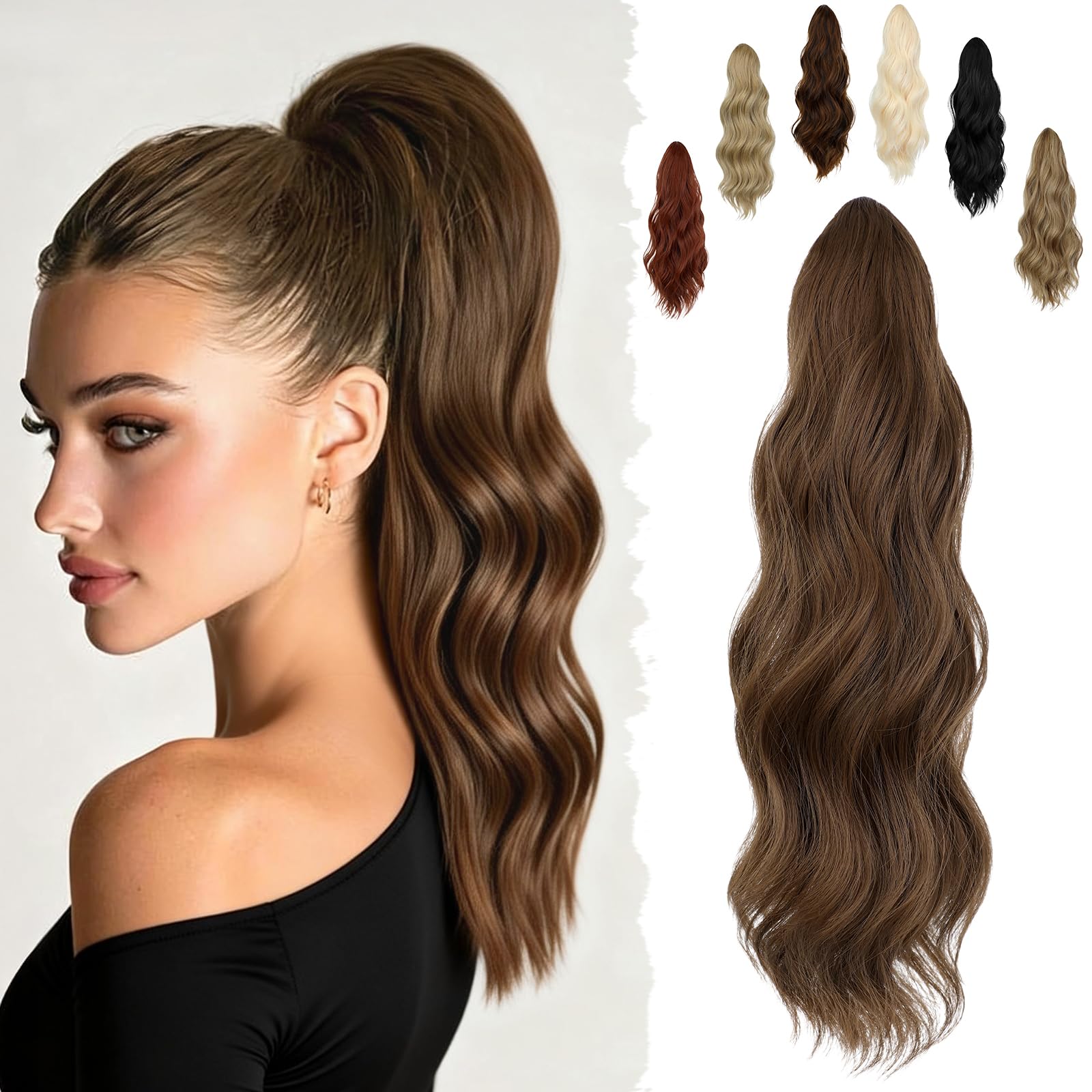 Photo 1 of FELENDY 16" Ponytail Extension Long Curly Wavy Ponytails Clip in Claw Hair Extension Pony Tails Natural Looking Synthetic Hairpiece for Women Light Brown