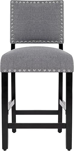 Miniatura 7 de LSSBOUGHT Taburete de bar tapizado de tela de lino con patas de madera de goma, silla de bar con ribete clavado para isla de cocina (gris, 2 piezas