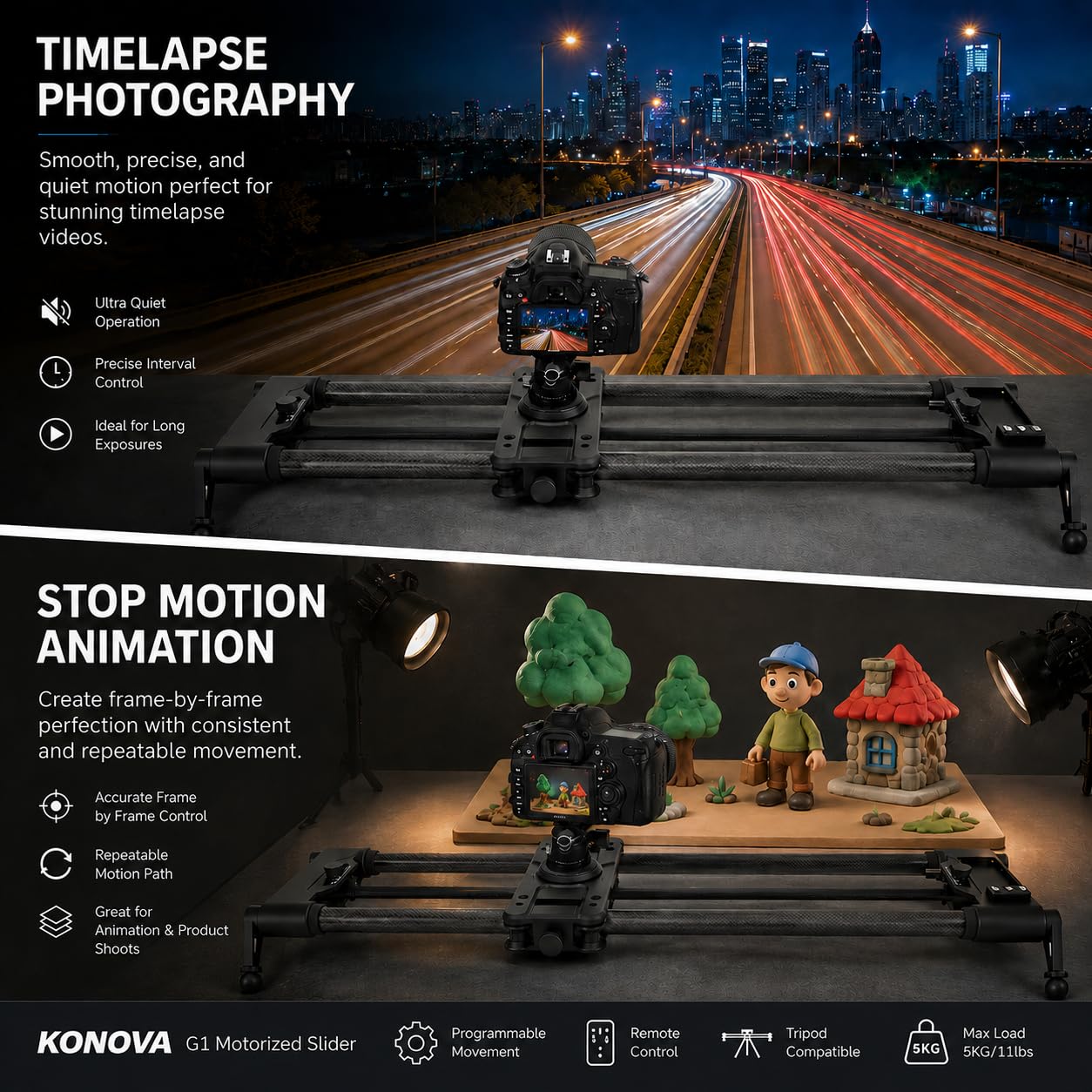 KONOVA G1 Slider Motorizzato per Fotocamera DSLR e Mirrorless, Controllo Bluetooth App, Binario in Fibra di Carbonio, Motion Control per Time Lapse, Stop Motion, Tracking e Panorama (100cm)