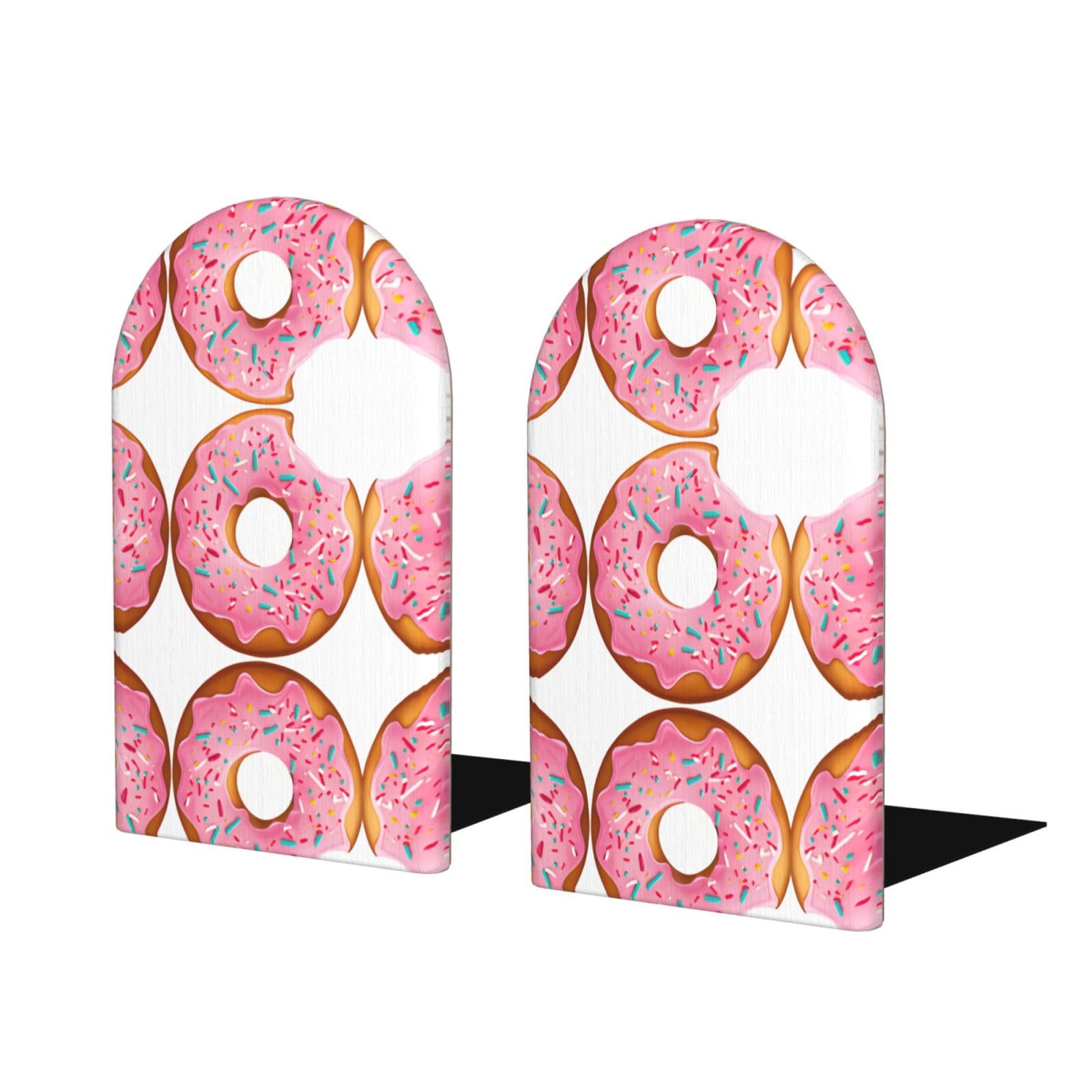 Donut Print Stylish Bookends with Full-Print Design Durable Wooden and Metal Bookend Set for Home, Office