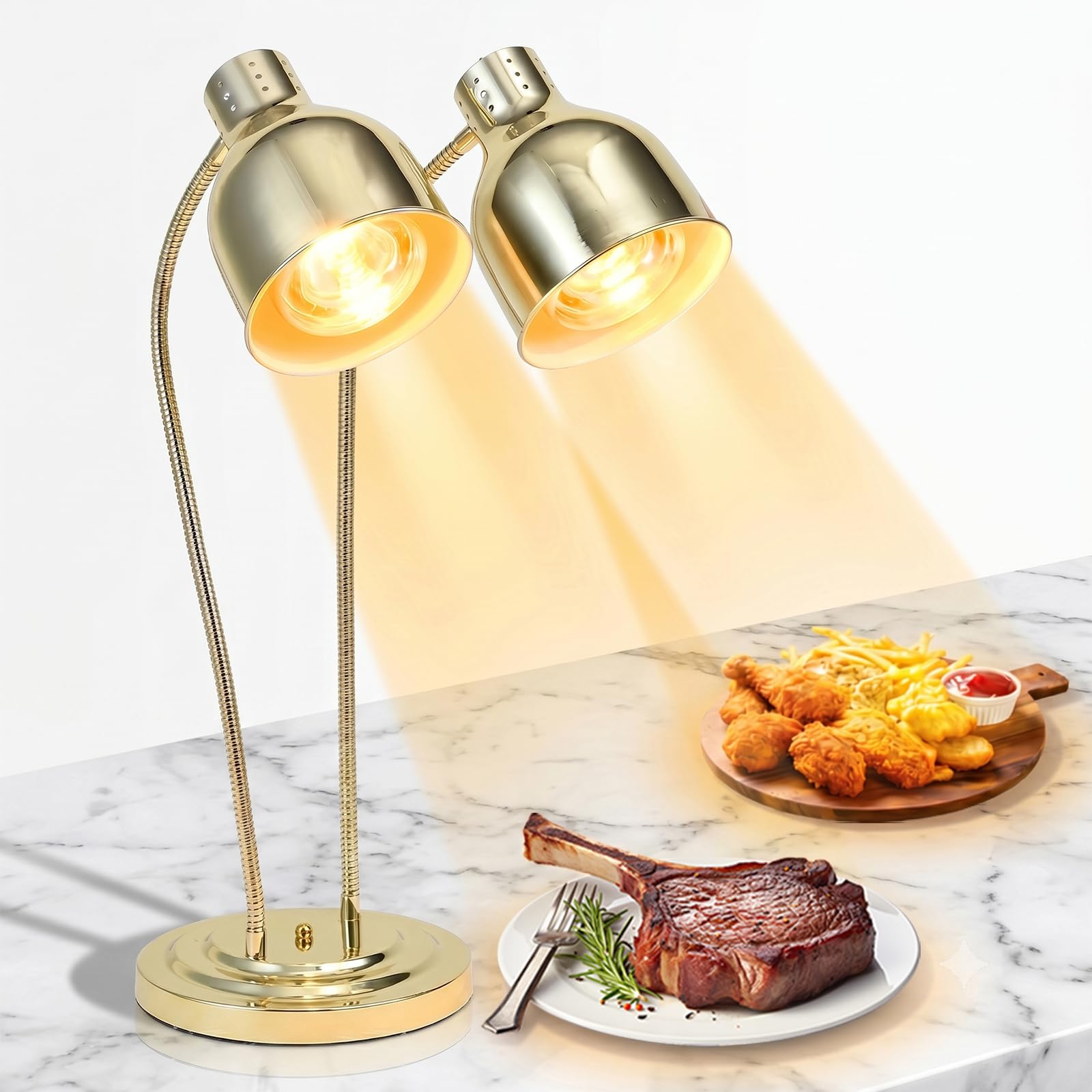 Doppia lampada termica da cucina, 2 x 250 W, lampada a infrarossi per alimenti, lampada termica a doppia testa con tubi flessibili da 70 cm, per ristoranti, mense, feste e buffet