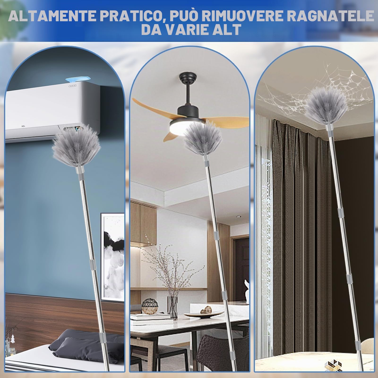 Set di spolverini da 6 m, Asta Telescopica Regolabile da 1,5 a 4,9 m, spolverino telescopico, togli ragnatele allungabile, Scopa Polvere Pulizia Ventilatori Soffitto, Tapparelle, Ragnatela