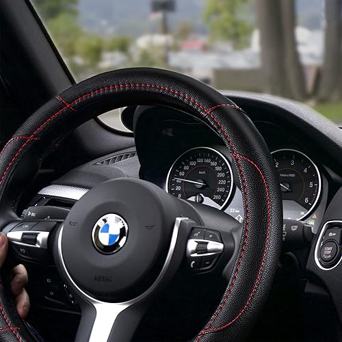 Miniatura 60 de Funda de cuero para volante de auto, protector antideslizante para volante de auto de cuero de microfibra transpirable, ajuste universal para la Gris