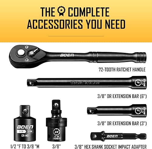 Miniatura 5 de BOEN Juego de llaves de impacto de 38 pulgadas, 59 piezas SAE estándar (516 a 34 pulgadas) y métricas (0.236-0.866 in), incluye 9 piezas E-Torx
