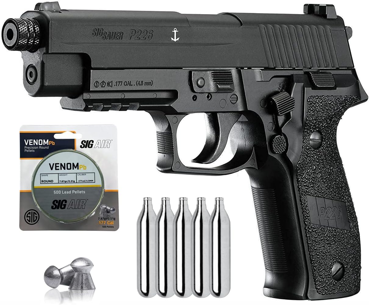 Sіg Sauer P226 Air Pistol with CO2 12 Gram (5 Pack) and 500 Pellets Bundle (Black), 8.25 Inch
