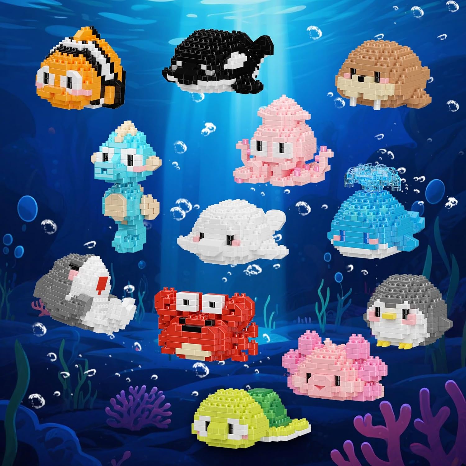 12 Pack Cute Ocean Sea Animal Mini Building Blocks Sets, 2642 PCS Micro Mini Building Bricks Toy for Adults, Party Favors for Teen Boys Girls 14+