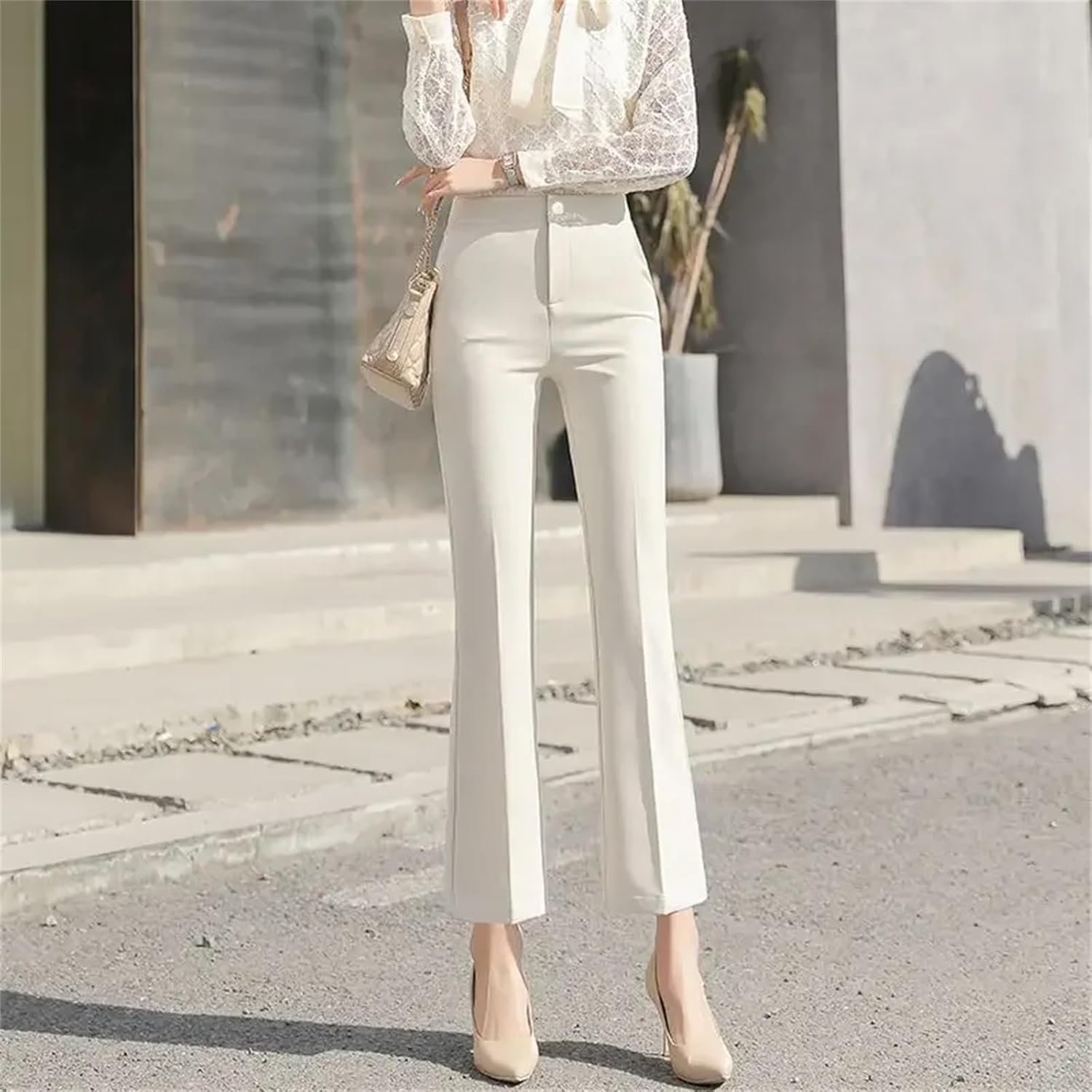 Women's Spring Solid Color Button Zipper Pockets for Fashionable Casual Formal Flare Trouser Suits All-Match Pants