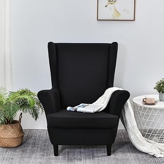 Juego de fundas elásticas para silla de ala otomana, funda para silla con respaldo de ala, funda suave y extraíble, funda de sofá para sala de estar, dormitorio, color negro