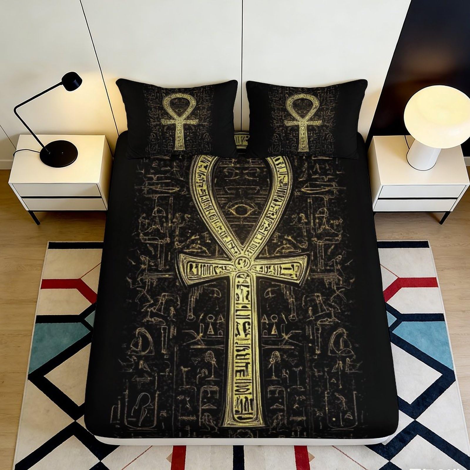 3D Printed Egyptian Ankh Fitted Sheet Microfiber Black Gold Hieroglyph Mattress Cover Bedroom Dorm Decor 90x200x25cm