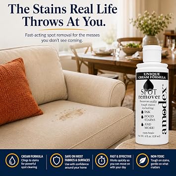 Amodex Ink & Spot Remover for Clothes, Leather and Skin - Removes Ink, Ballpoint, Sharpie, Grease and More, Works on Set-in Stains, Gentle but Powerful, 4oz/120ml Bottle