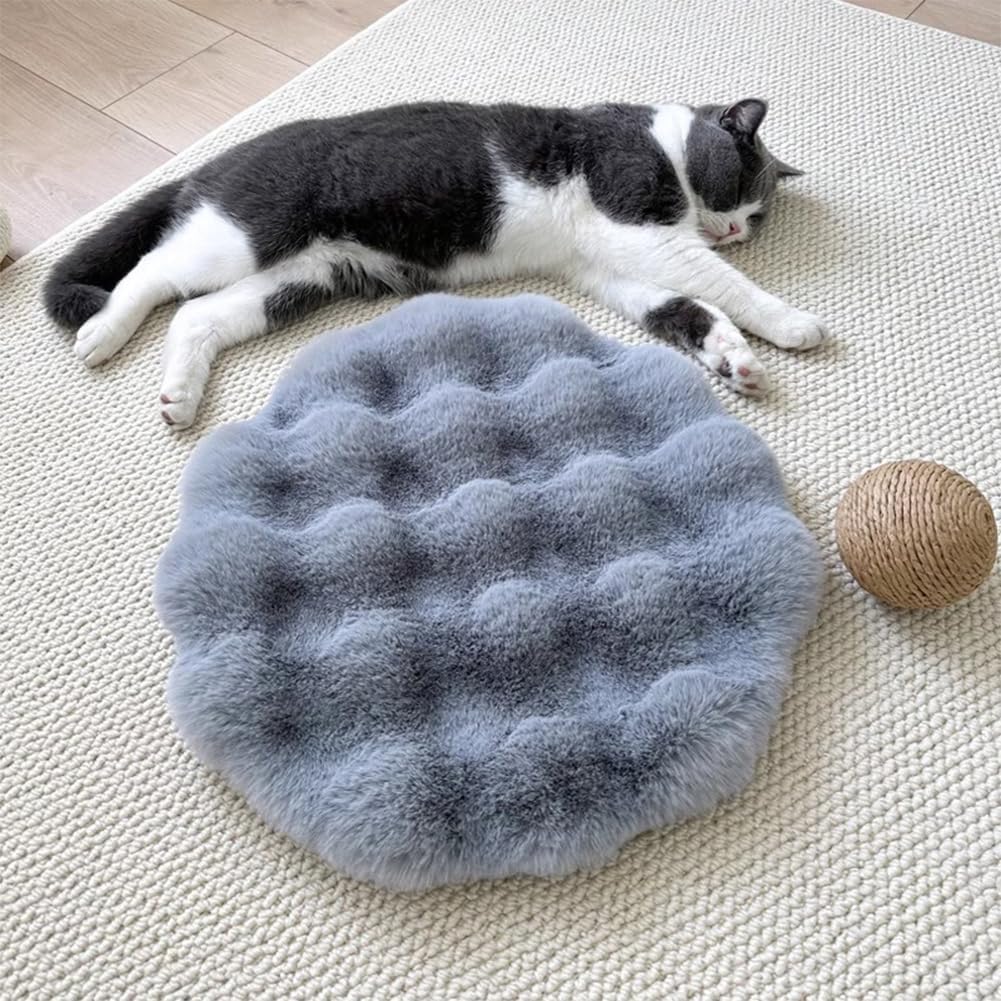 Self Warming Cat Bed Mat, Round Faux Fur Pet Cushion Pad, Non-slip Washable Thermal Blanket For Indoor Cats Kittens Puppies, 30cm Grey 19.7in Round
