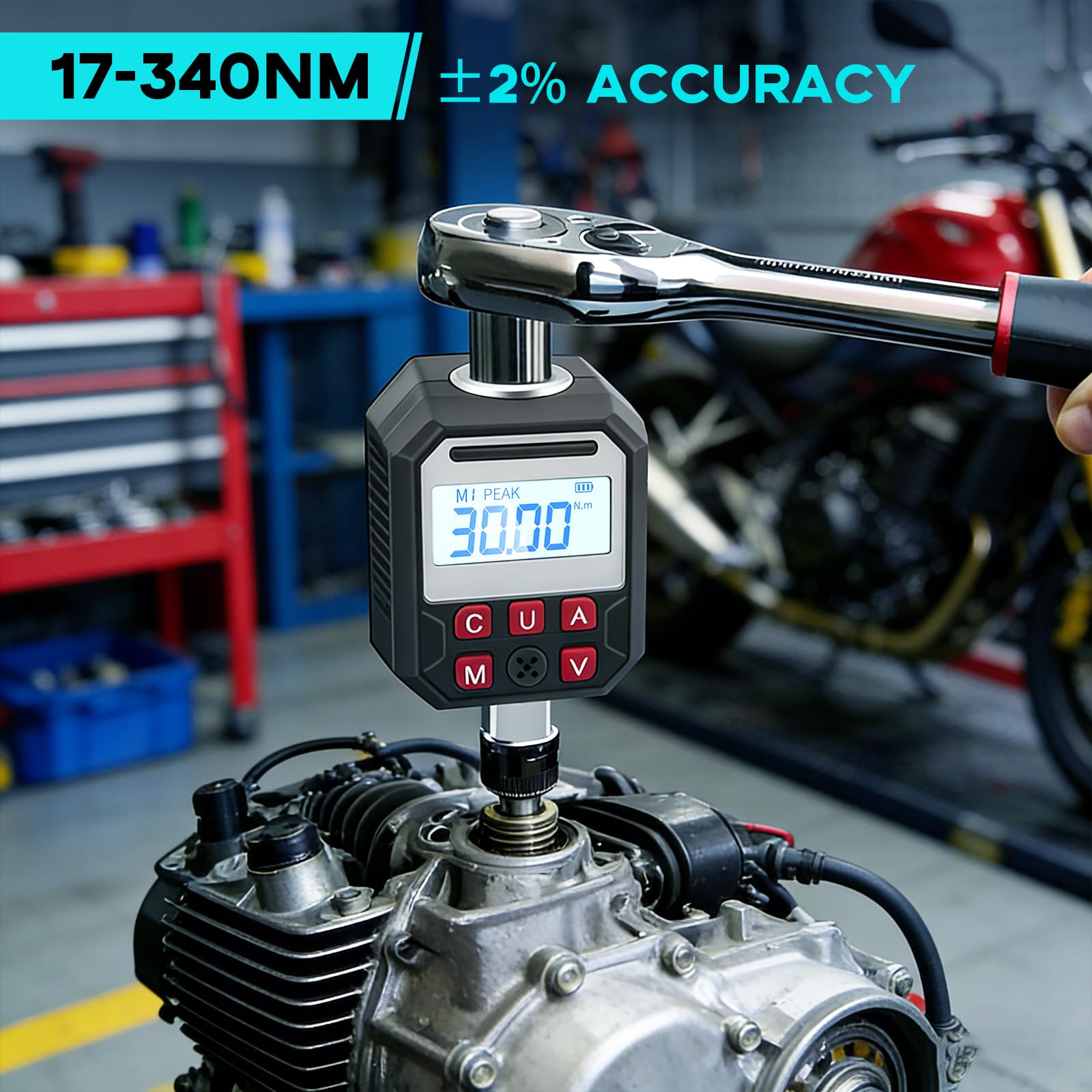 Adaptateur de Couple Numérique 1/2", 17-340Nm Clé Dynamométrique Numérique Outillage Mecanique Auto, Mode P/T, Stockage de Données, LED et Alerte Sonore, 1/4" 3/8" Adaptateur pour Auto, Moto
