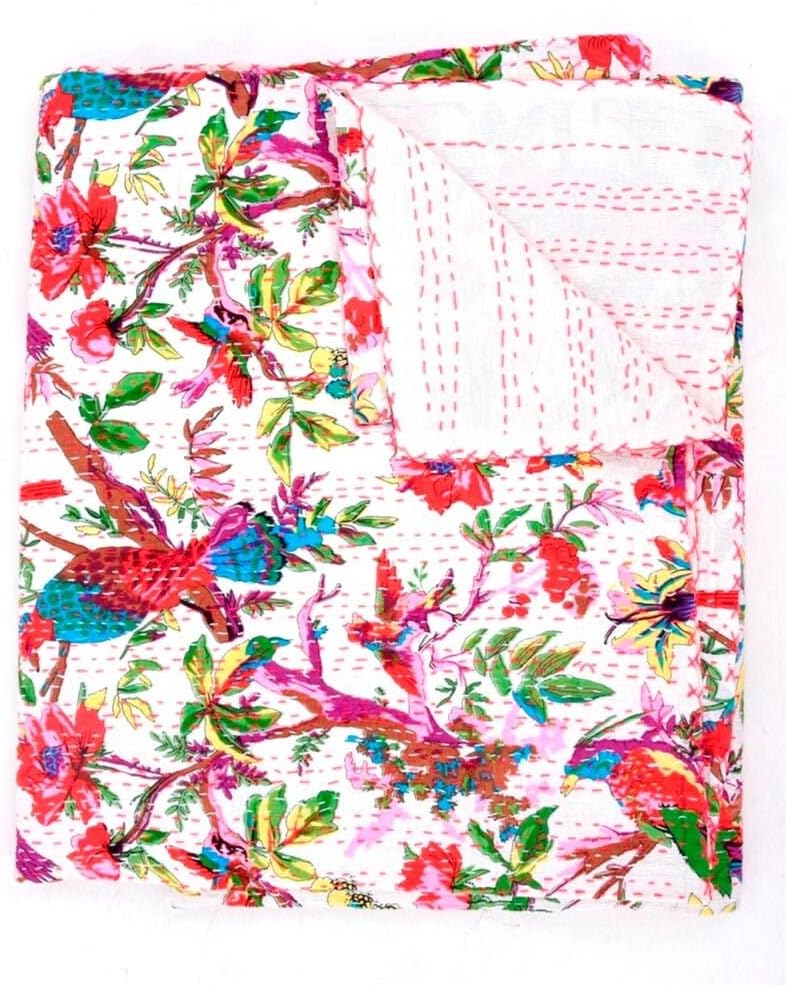 Indian Bird Printed Kantha Quilt Handmade Cotton Throw Bedspread (60 X 90 Inches)