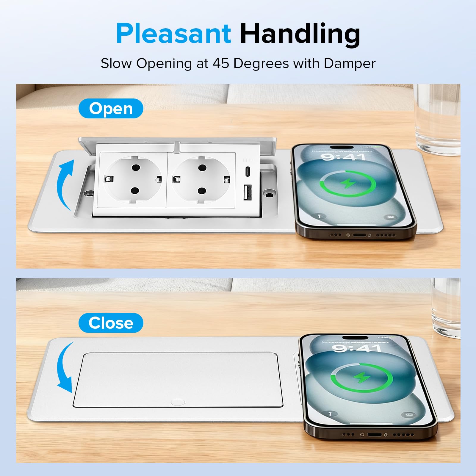 Prise escamotable avec PD20W USB-C et Charge sans Fil 15W, Multiprise encastrable 2 Prises pour Bureau, Cuisine, Table de réunion – Boîtier en Aluminium avec Ouverture Douce – Câble 1,8m
