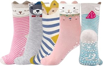 PUTUO Children's Socks Girls Stopper Socks Children's Cotton Boys Non-Slip Socks House Socks Kids ABS Socks with Funny Colourful Animal Pattern Gifts Size 20-38 2-14 Years 5 Pairs
