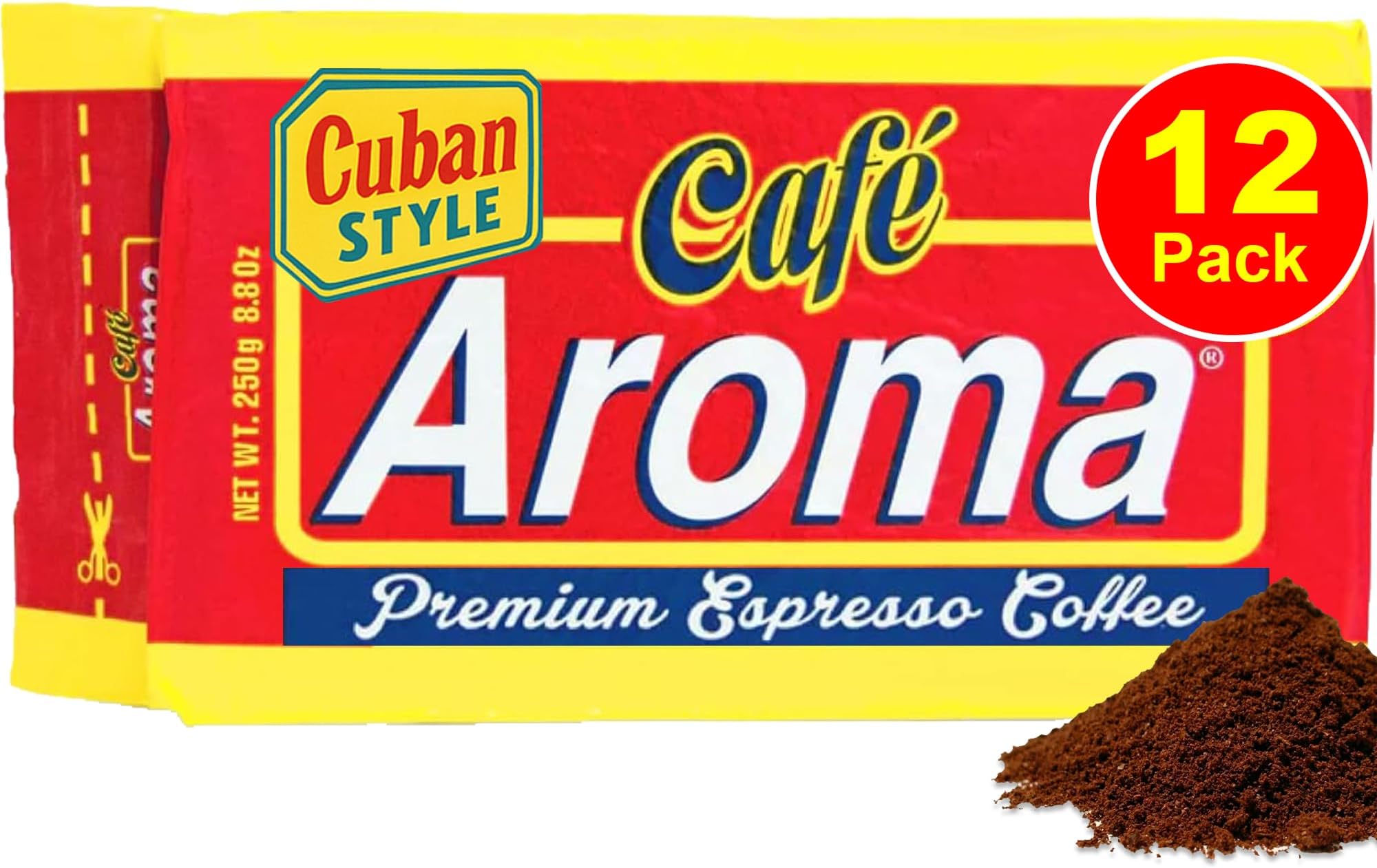 Café Aroma Dark Roast Espresso Ground Coffee, Bulk Coffee, Authentic Cuban Style Coffee, Vacuum Sealed - 8.8 oz (12-Pack)