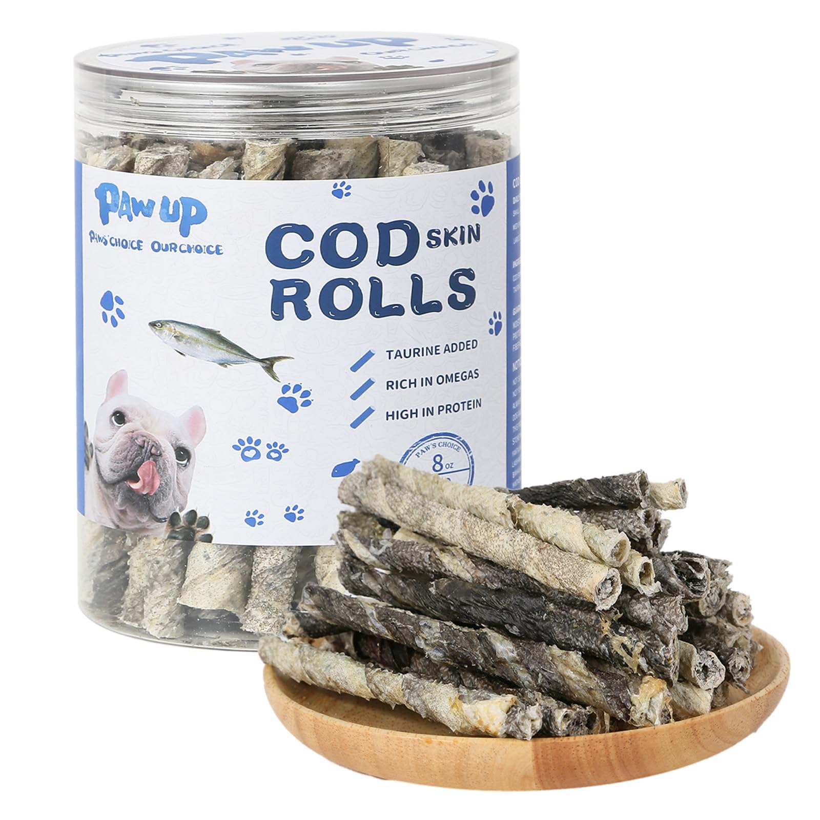 PAWUP Cod Skin Rolls Dog Treats Natural High Omega 3 Dog Snacks, Single Ingredient Cod Skin Chews for Small Dogs w/Taurine, 8 oz