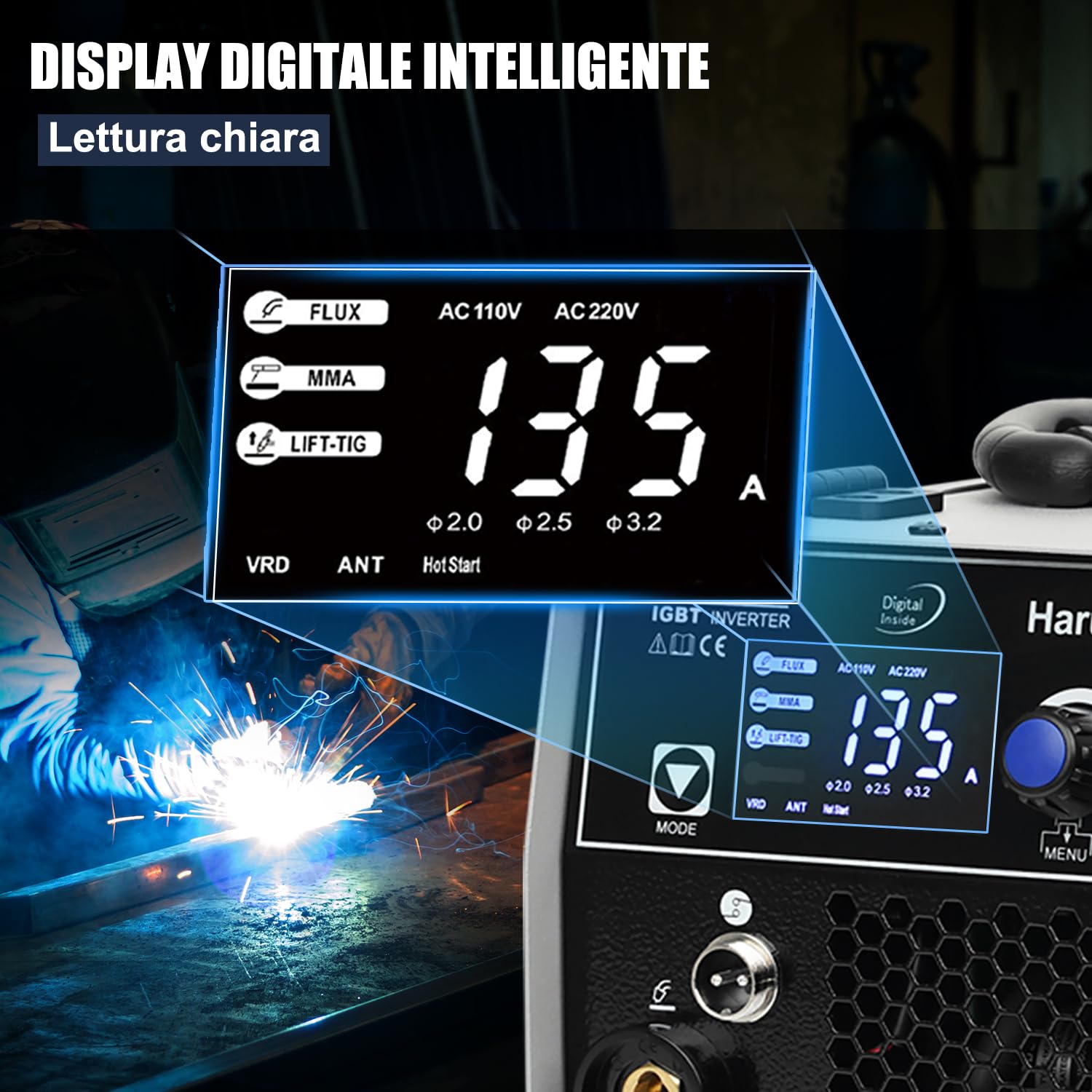 Harukiku135 saldatrice a filo continuo no gas, Saldatrice 3-in-1 Multiprocesso (Flux MIG/MMA/Lift TIG) con Alimentazione Sinergica, Inverter IGBT Compatto per Professionisti & Hobby Domestico